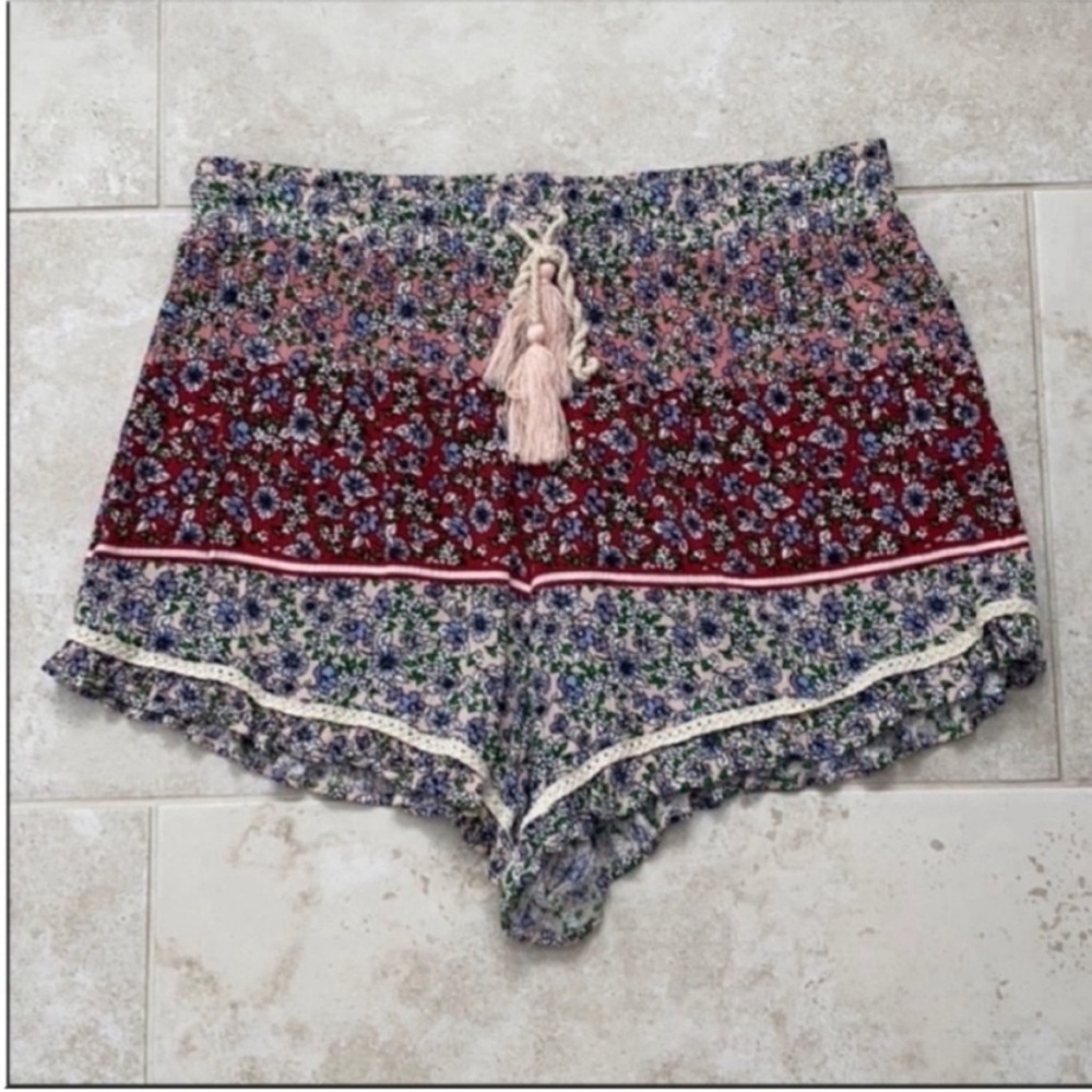 Floral Patterned Shorts with Tassel Tie